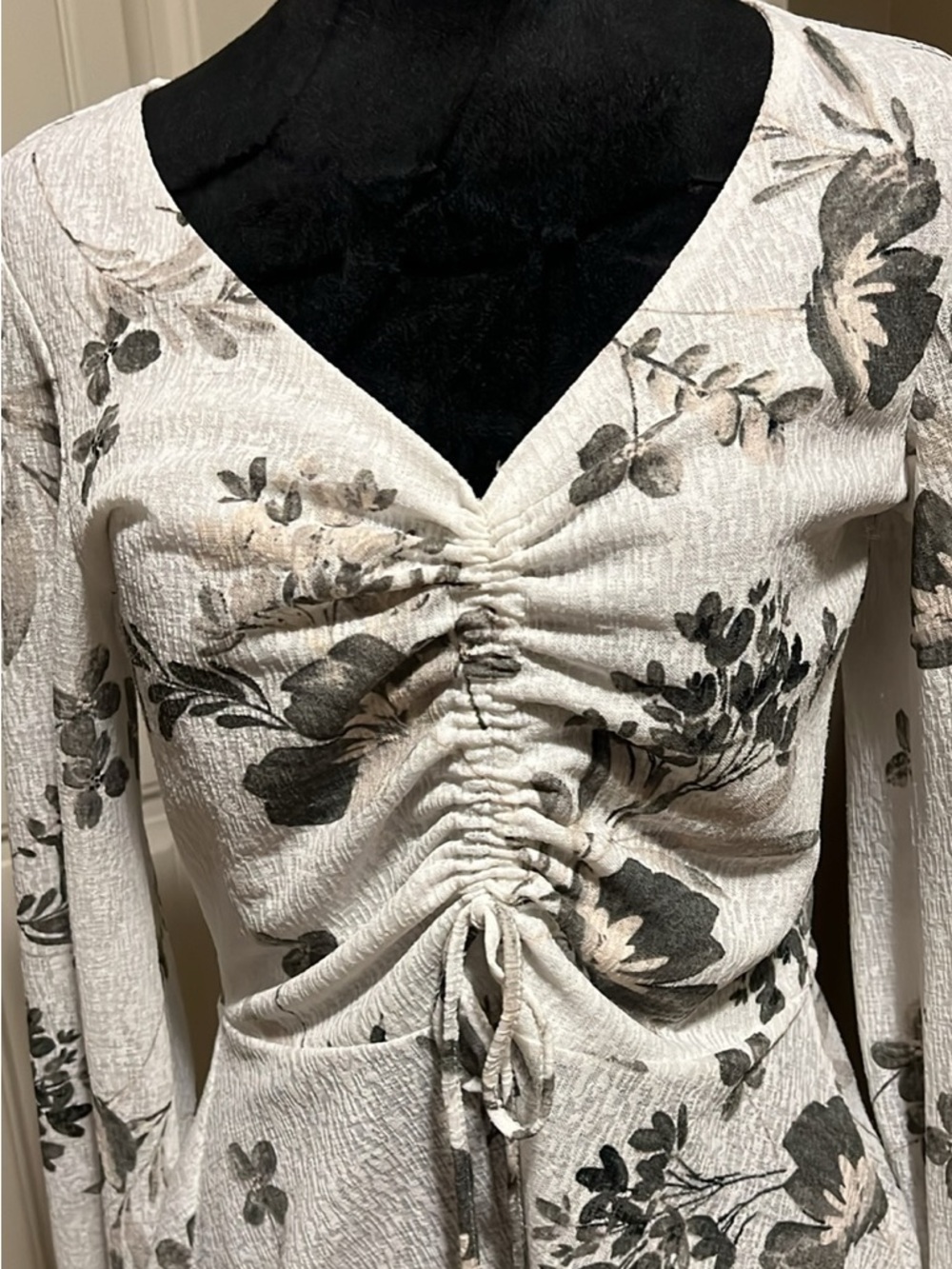 le chateau Cream Floral Ruched Long Sleeve Dress